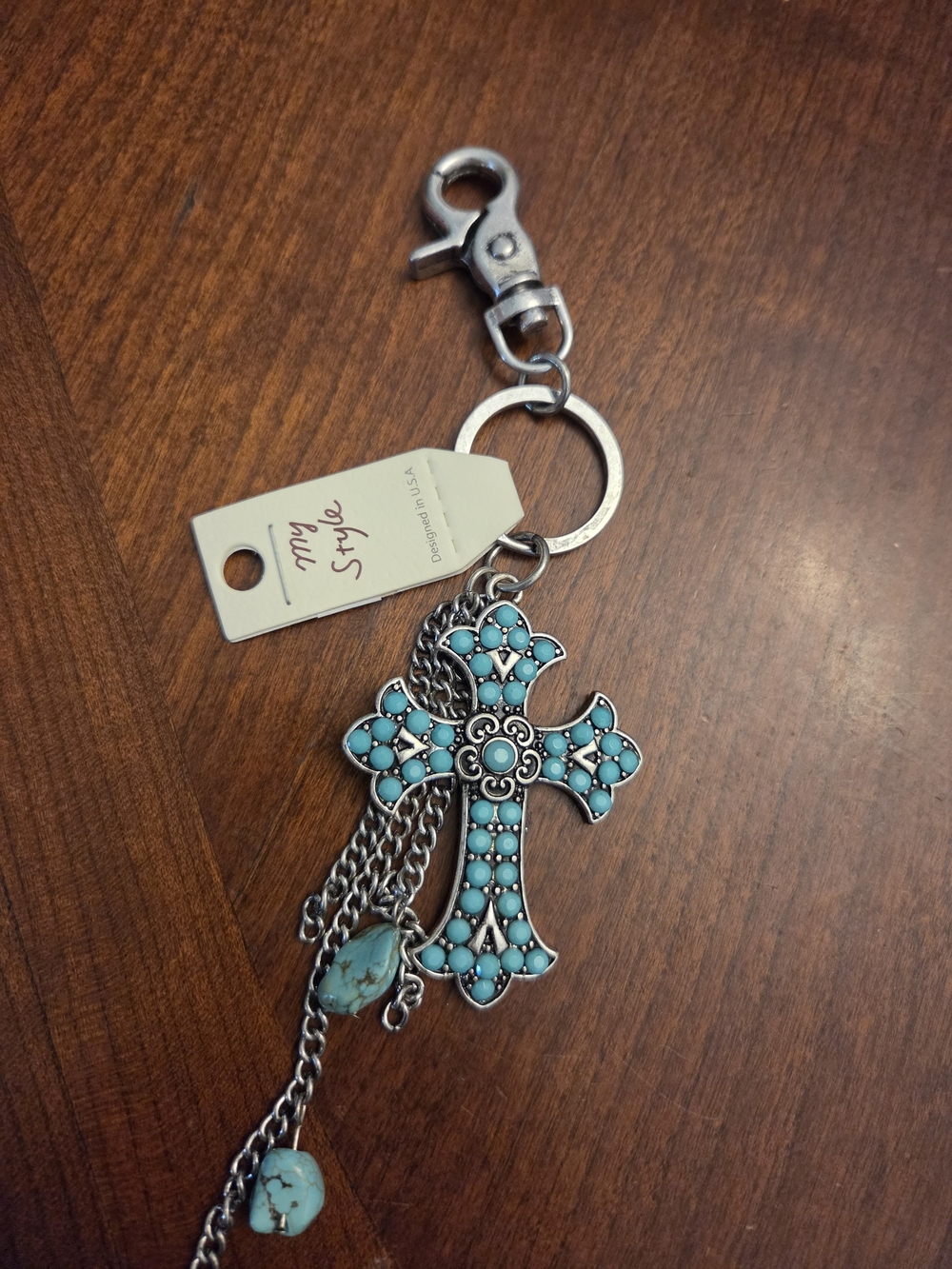 Turquoise Cross Keychain with Silver Hardware